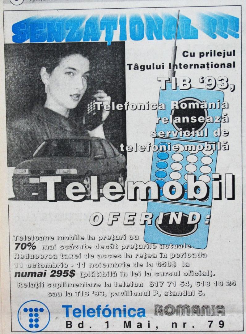 Romania Libera nr. 1076 Ma 12 oct. 1993 pg. 6 reclama la Telefonica Romania Telemobil