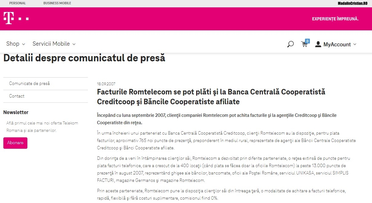 Comunicat Romtelecom 18.09.2007 - Facturile Romtelecom se pot plăti şi la Banca Centrală Cooperatistă Creditcoop şi Băncile Cooperatiste afiliate