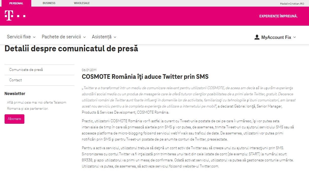 Comunicat de presa Telekom 06.01.2011 COSMOTE Romania iti aduce Twitter prin SMS