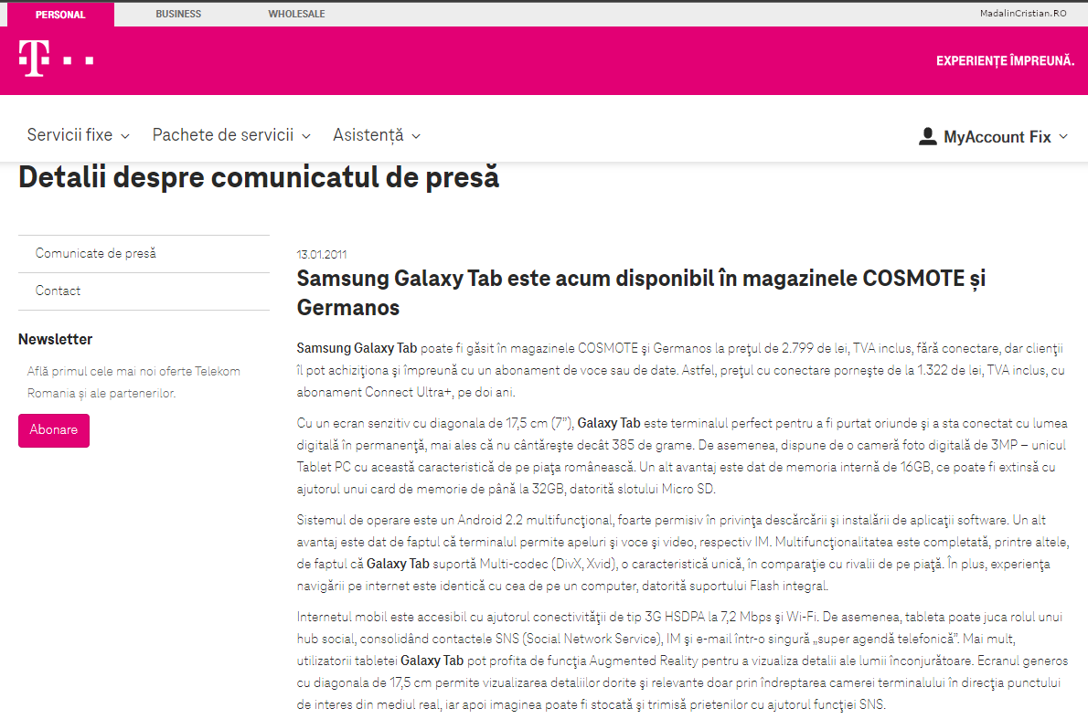 Comunicat de presa Telekom 13.01.2011 Samsung Galaxy Tab este acum disponibil in magazinele COSMOTE si Germanos.png