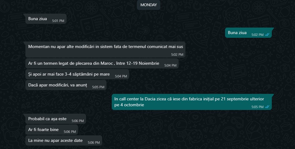 Discutie WhatsApp intarziere livrare masina Serus Dacia Sandero episodul 2