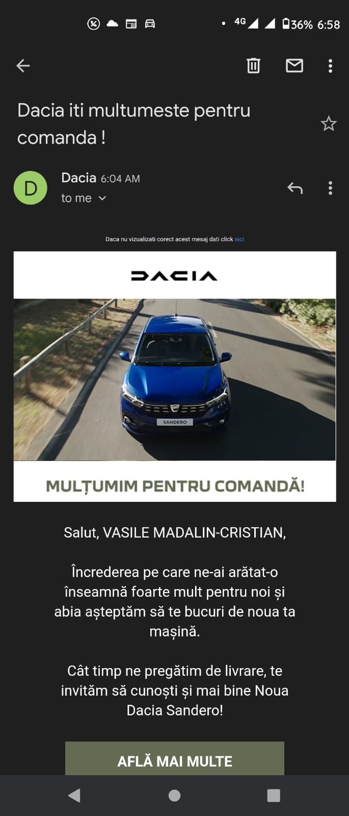 mail multumire comnanda Dacia