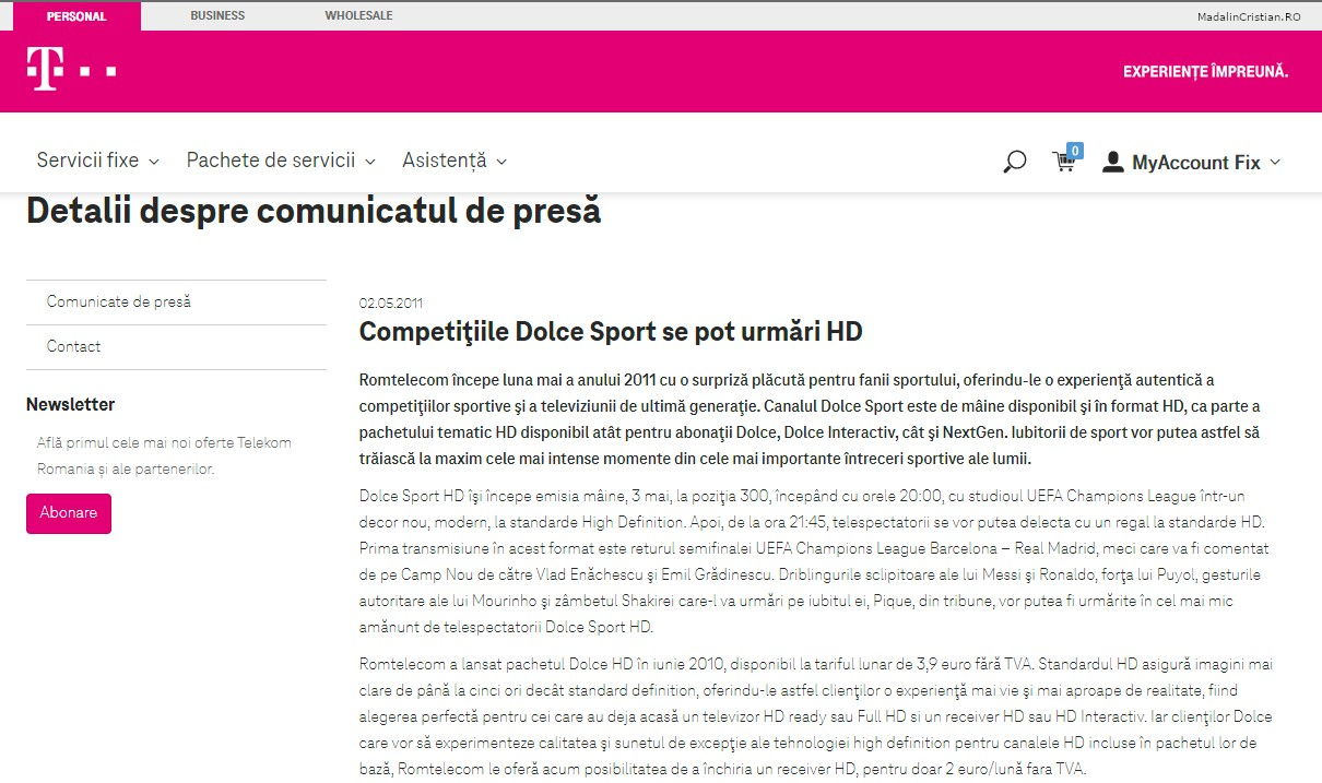 Comunicat de presa Telekom 02.05.2011 Competitiile Dolce Sport se pot urmari HD