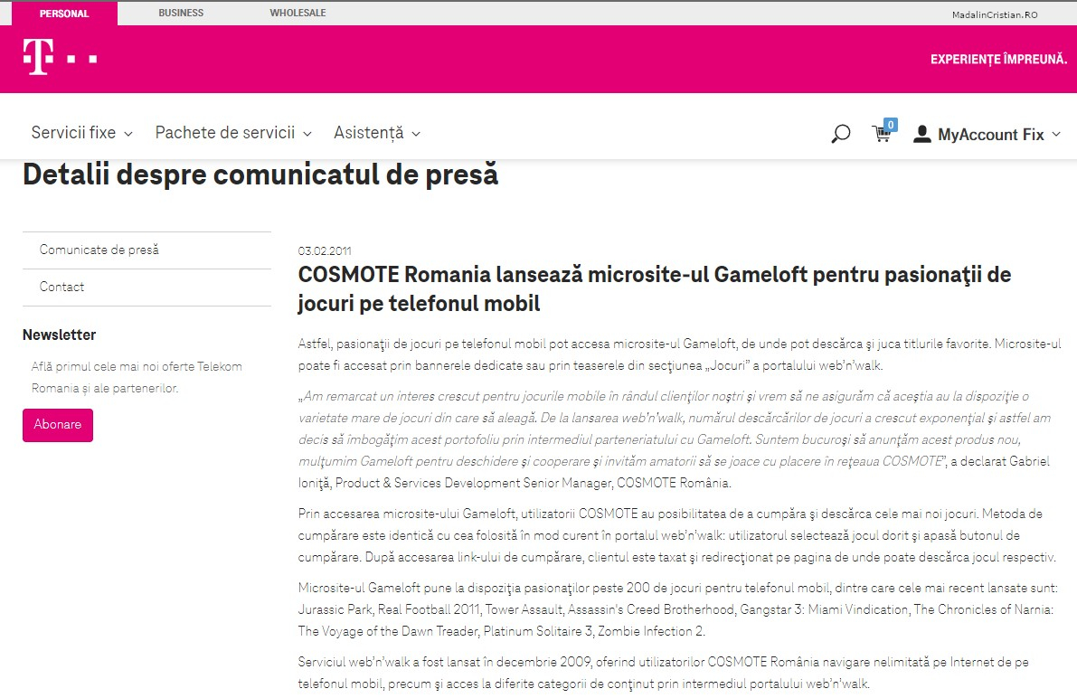 Comunicat de presa Telekom 03.02.2011 COSMOTE Romania lanseaza microsite ul Gameloft pentru pasionatii de jocuri pe telefonul mobil
