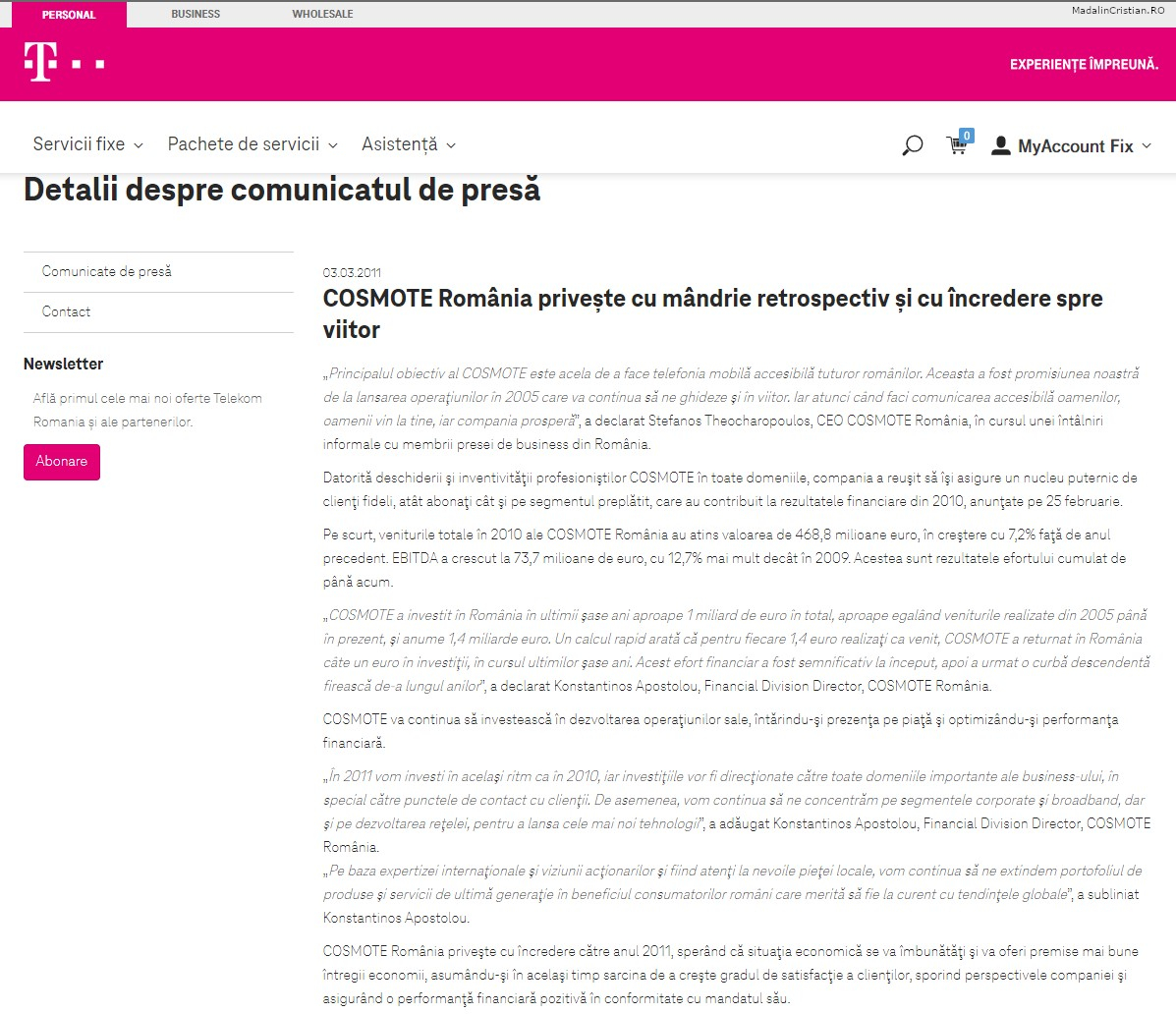 Comunicat de presa Telekom 03.03.2011 COSMOTE Romania priveste cu mandrie retrospectiv si cu incredere spre viitor