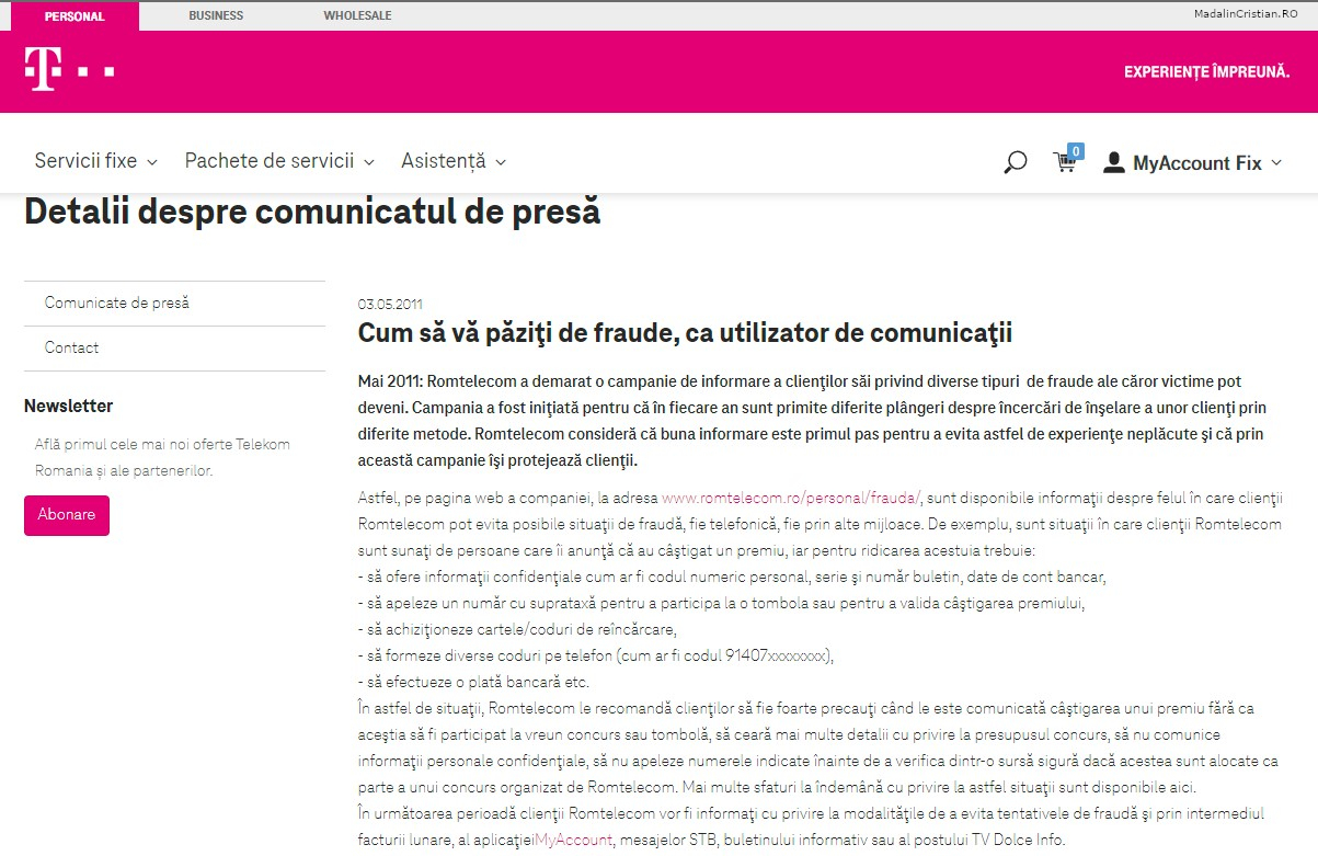 Comunicat de presa Telekom 03.05.2011 Cum sa va paziti de fraude ca utilizator de comunicatii campanie Romtelecom