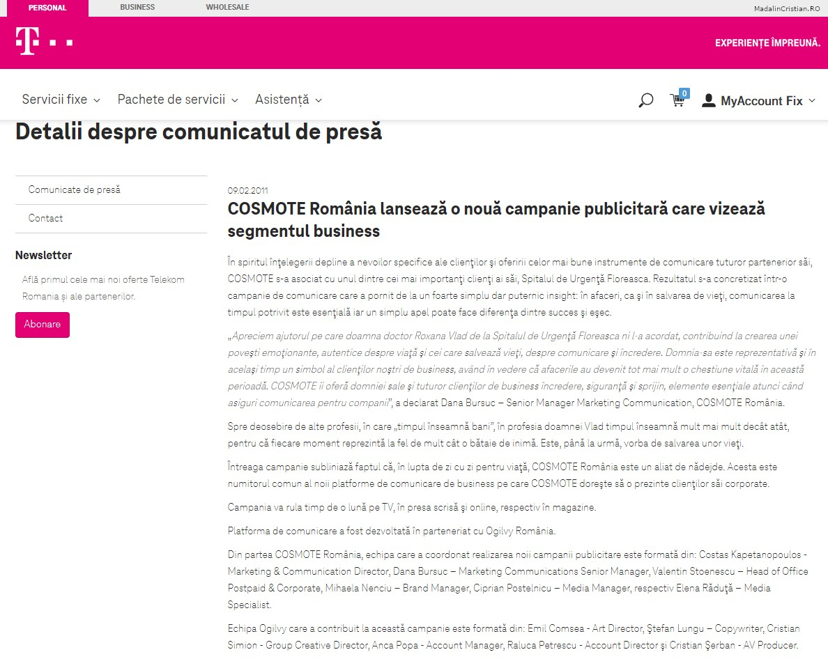 Comunicat de presa Telekom 09.02.2011 COSMOTE Romania lanseaza o noua campanie publicitara care vizeaza segmentul business