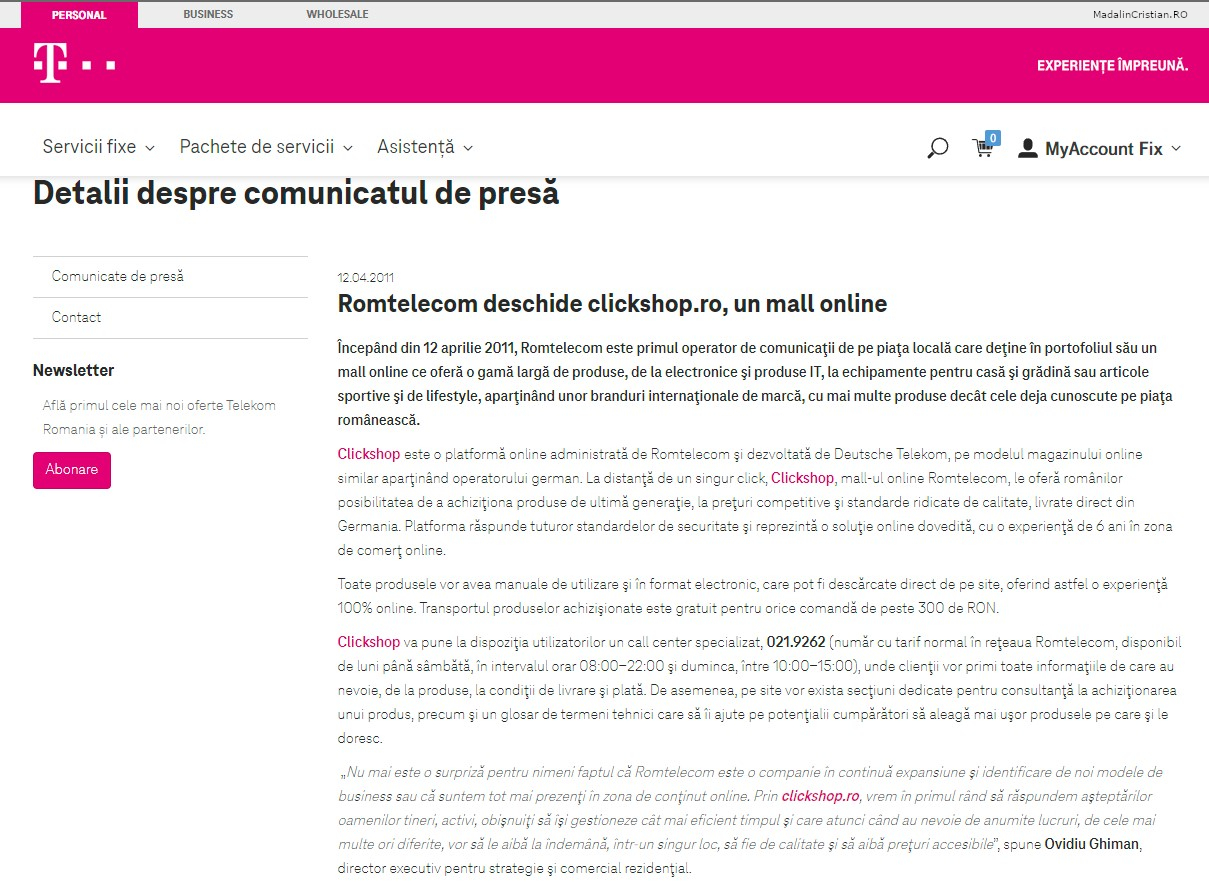 Comunicat de presa Telekom 12.04.2011 Romtelecom deschide clickshop.ro un mall online