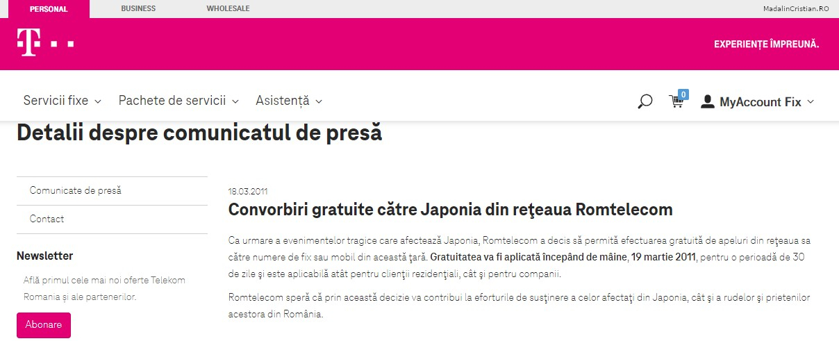 Comunicat de presa Telekom 18.03.2011 Convorbiri gratuite catre Japonia din reteaua Romtelecom