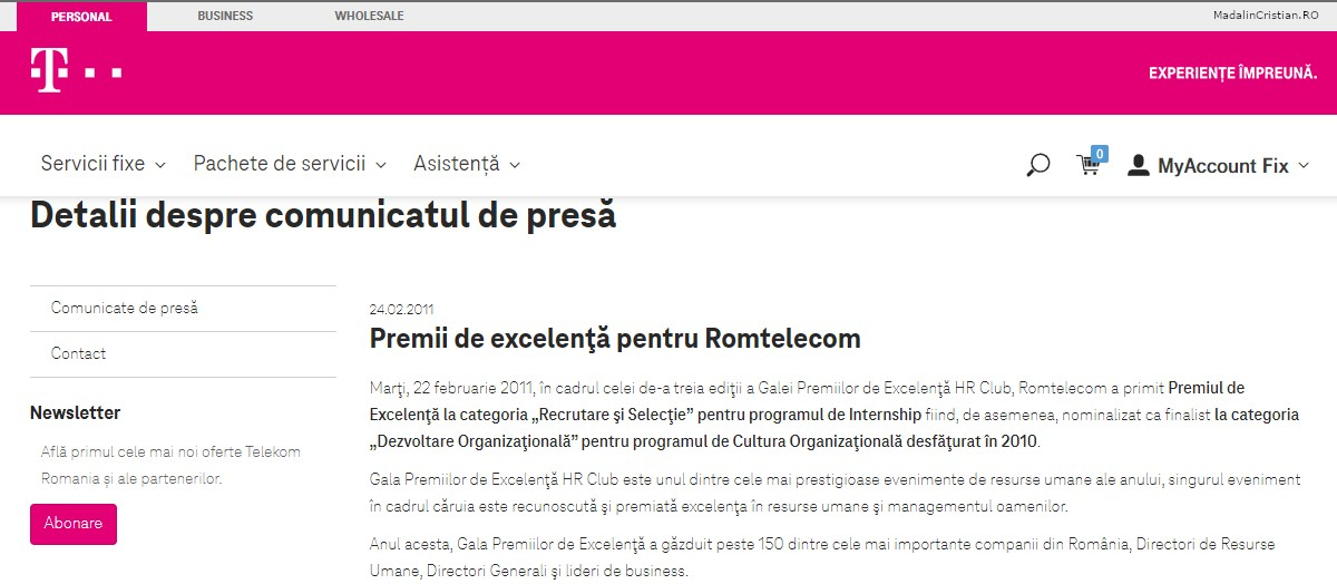 Comunicat de presa Telekom 24.02.2011 Premii de excelenta pentru Romtelecom