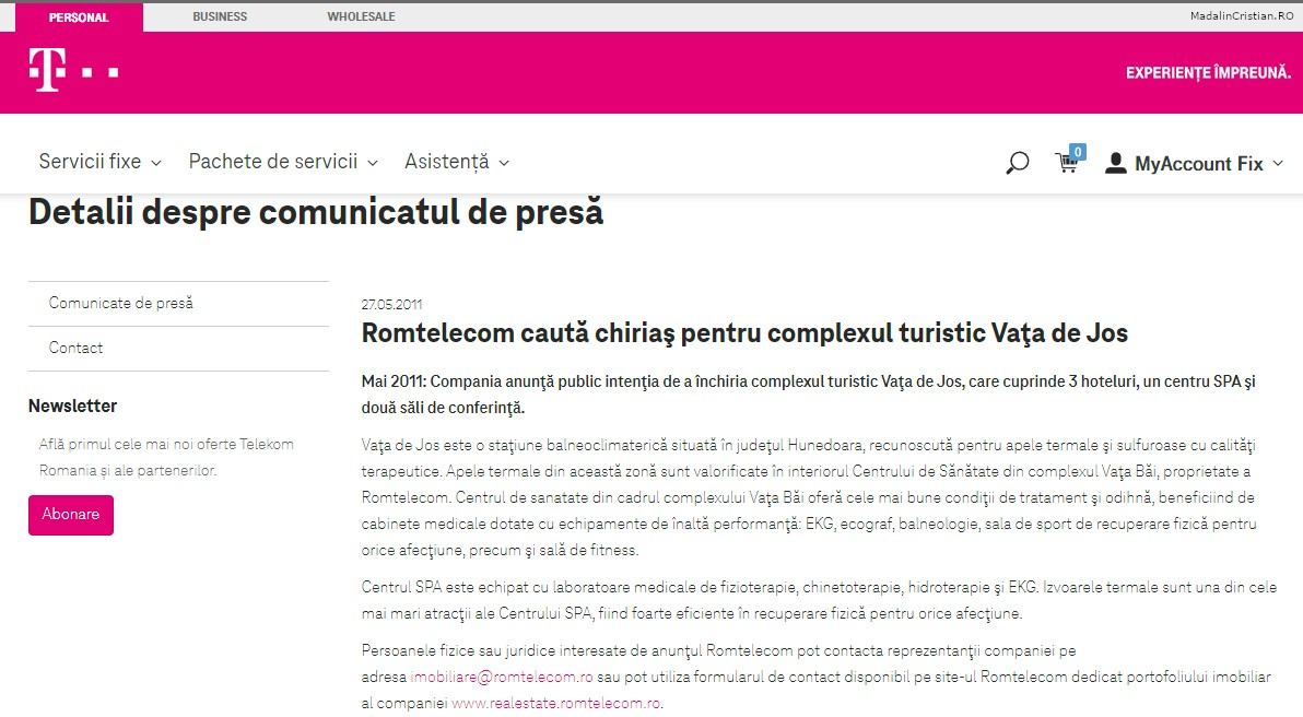 Comunicat de presa Telekom 27.05.2011 Romtelecom cauta chirias pentru complexul turistic Vata de Jos