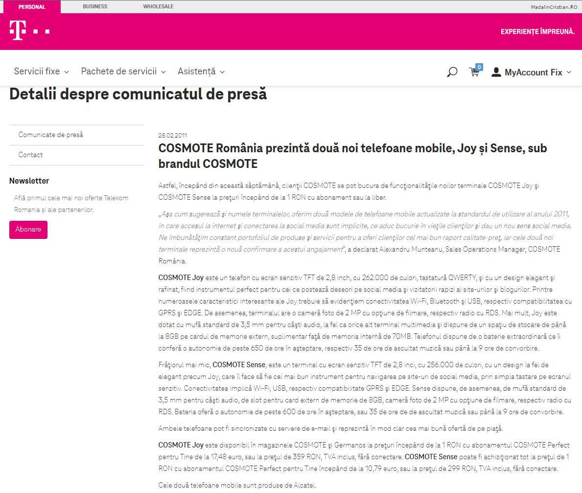 Comunicat de presa Telekom 28.02.2011 COSMOTE Romania prezinta doua noi telefoane mobile Joy si Sense sub brandul COSMOTE