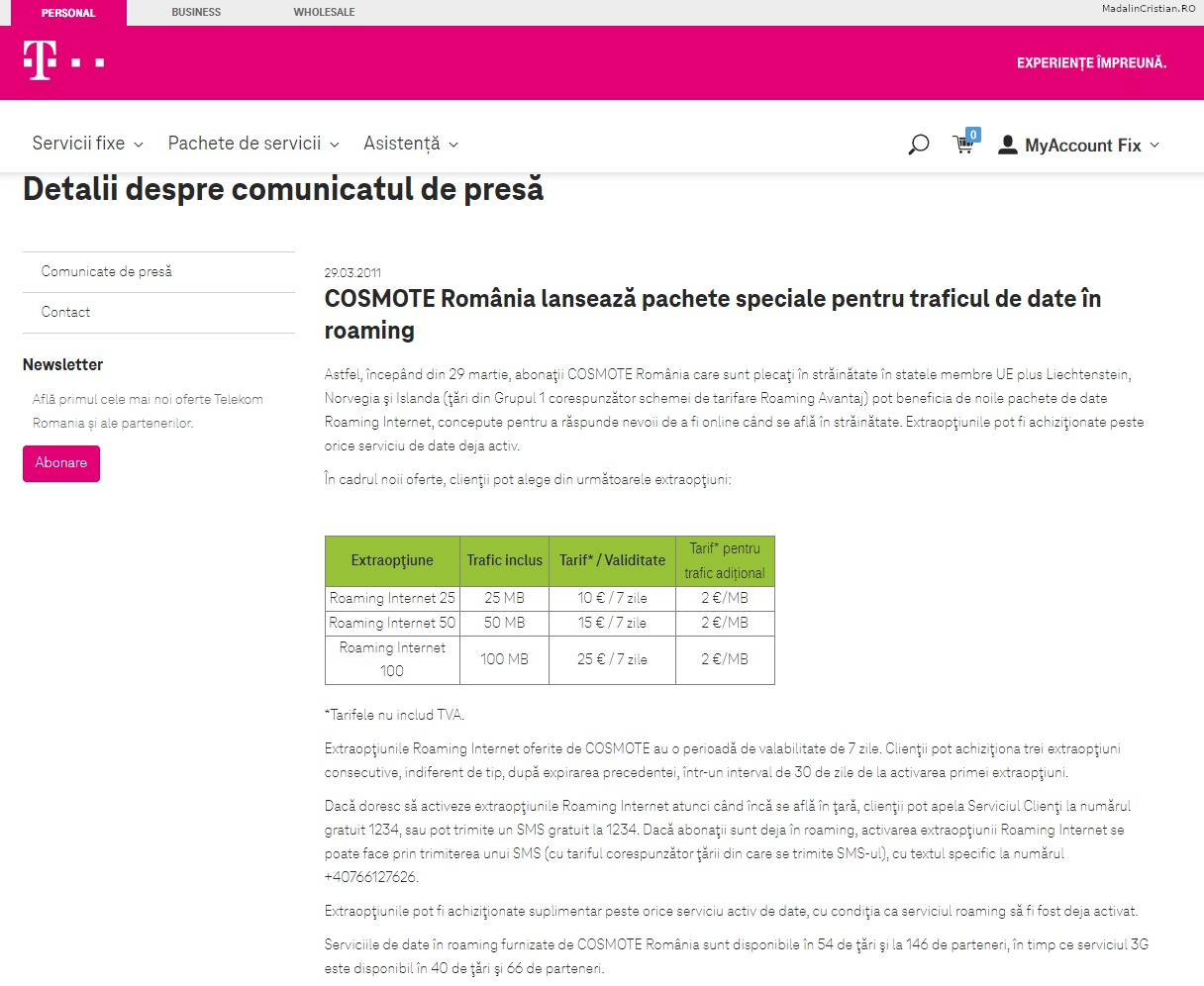 Comunicat de presa Telekom 29.03.2011 COSMOTE Romania lanseaza pachete speciale pentru traficul de date in roaming