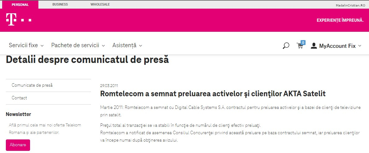 Comunicat de presa Telekom 29.03.2011 Romtelecom a semnat preluarea activelor si clientilor AKTA Satelit