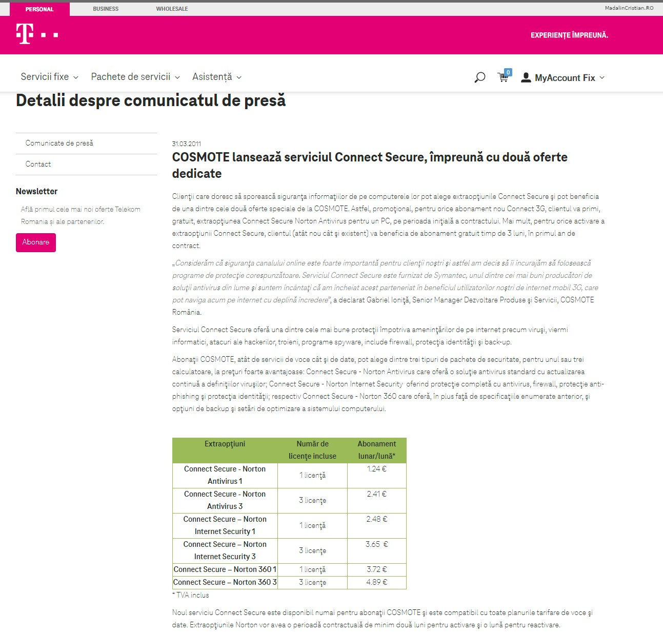 Comunicat de presa Telekom 31.03.2011 COSMOTE lanseaza serviciul Connect Secure impreuna cu doua oferte dedicate