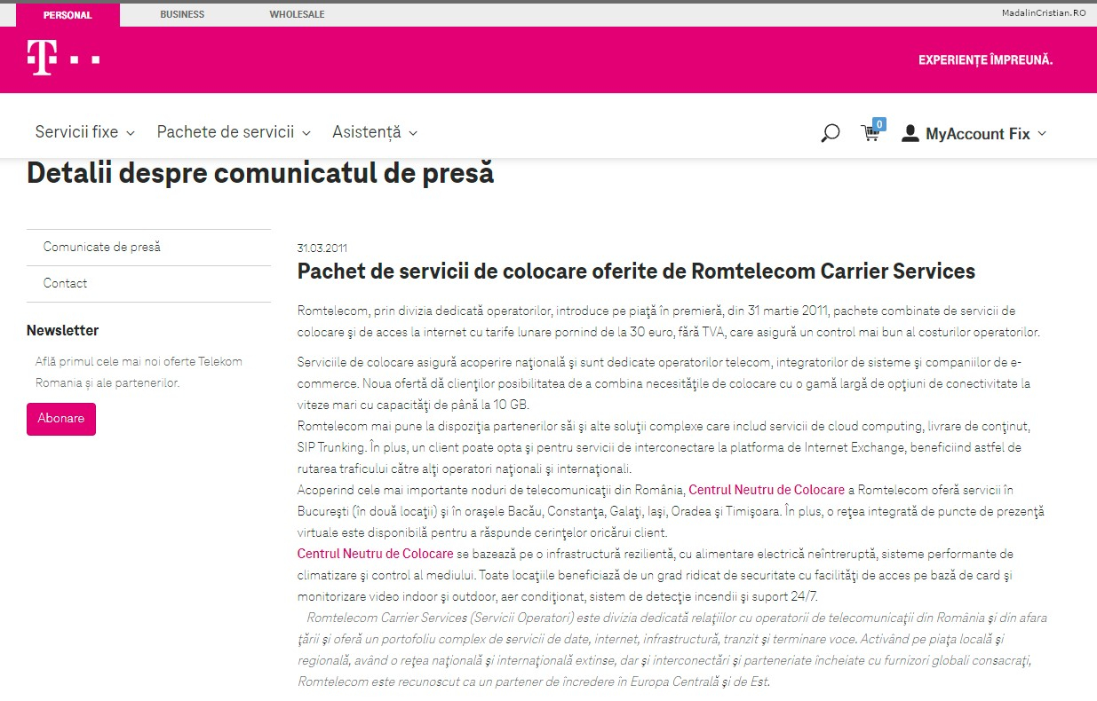 Comunicat de presa Telekom 31.03.2011 Pachet de servicii de colocare oferite de Romtelecom Carrier Services