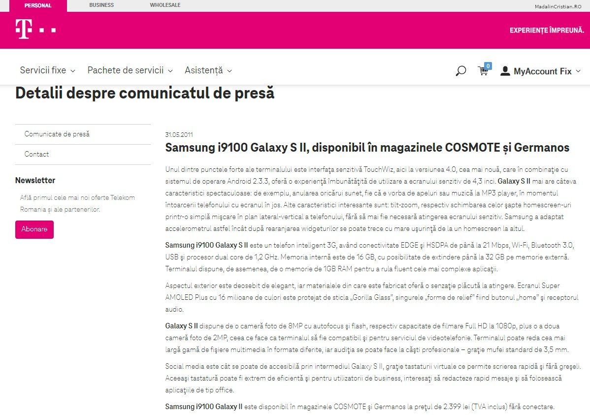 Comunicat de presa Telekom 31.05.2011 Samsung i9100 Galaxy S II disponibil in magazinele COSMOTE si Germanos