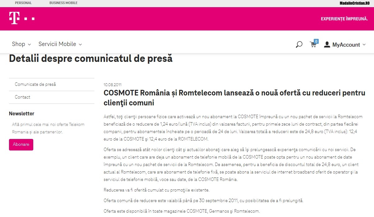 Comunicat COSMOTE Romtelecom 10.08.2011