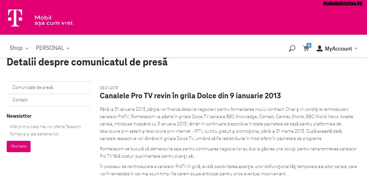 Comunicat Romtelecom Dolce 08.01.2013